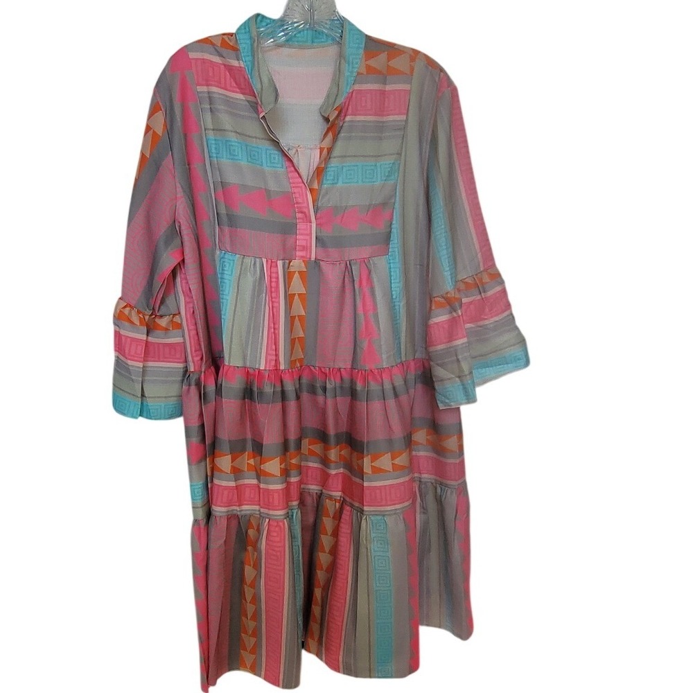 Boho Geometric Print‎ Tiered Linen Blend Mini Dress Pink Orange XL
